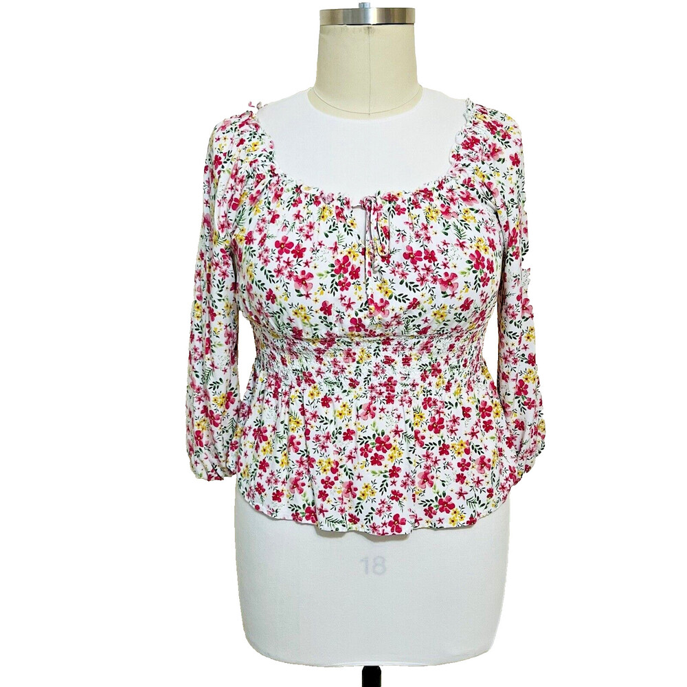 No Boundaries - Women's Junior's White, Pink Floral Print Gathered Peplum XL